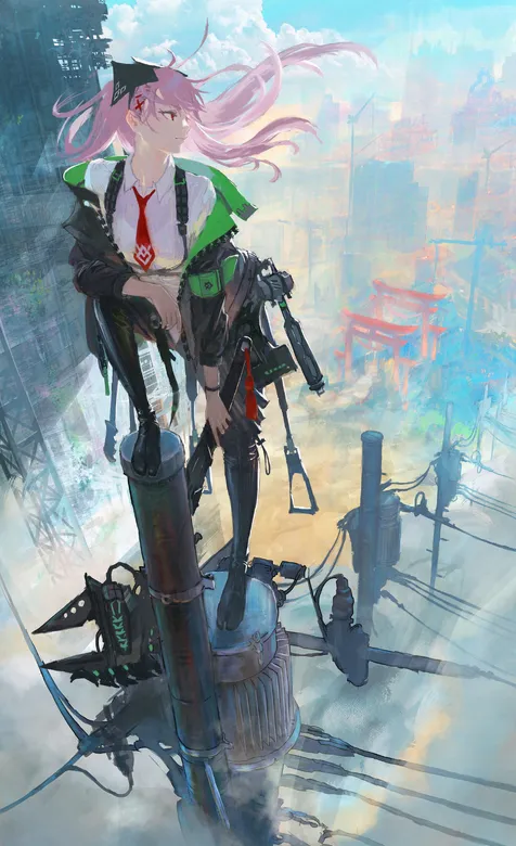 站在高高的天线杆顶的动漫女生