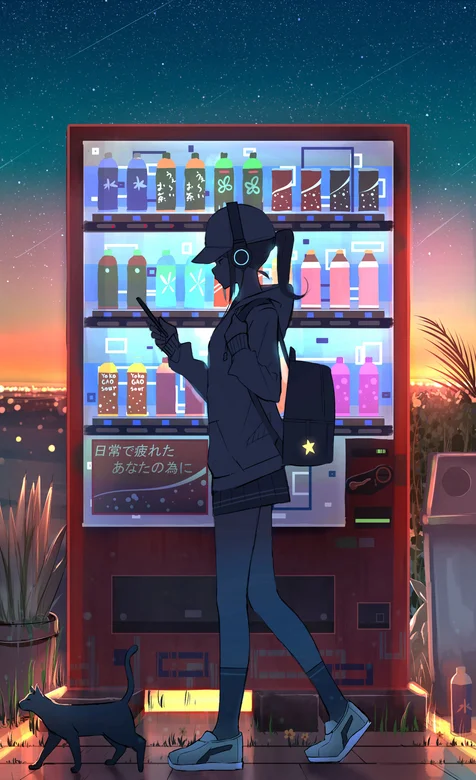 走过售卖机背着背包头戴耳麦玩着手机的少女