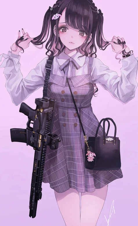 背着斜挎包和步枪的可爱动漫女战士