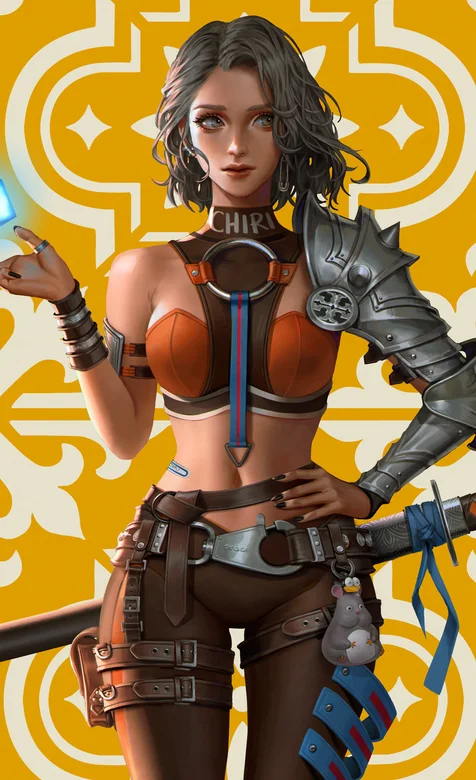 图腾背景下的3D动漫人物帅气的女战士