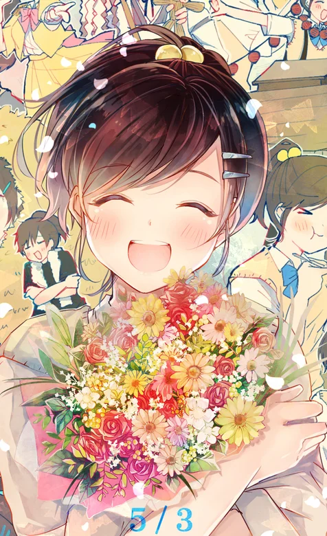 5/3生日快乐，抱着花开心过生日的动漫少女