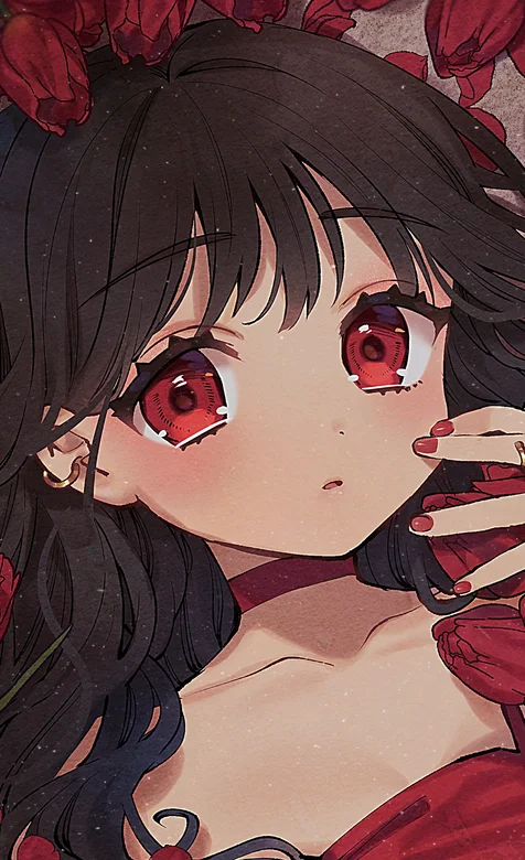 玫瑰丛中的大眼动漫少女手机壁纸