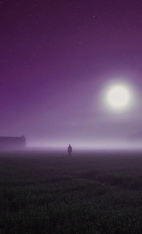圆月下雾气笼罩站在草地上的人的手机壁纸图片