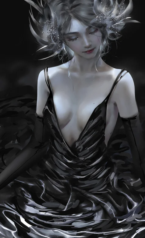 黑色吊带裙的性感动漫女生手绘手机壁纸