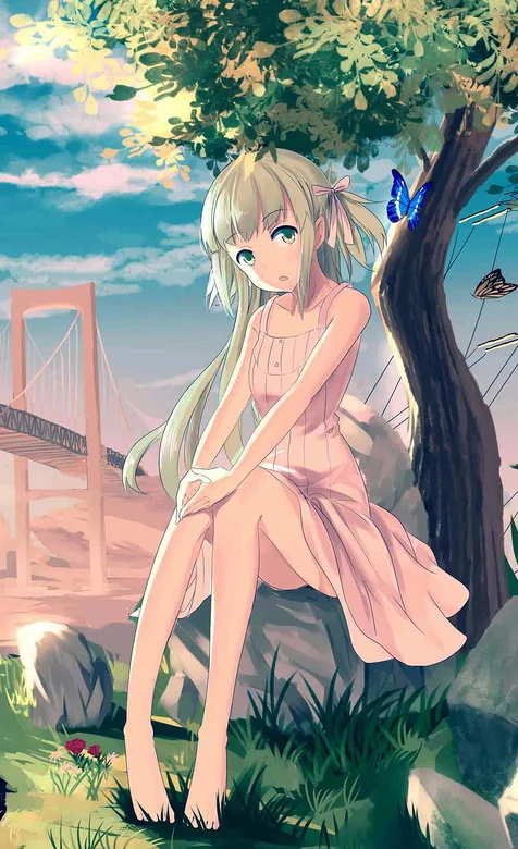 树下坐着的蝴蝶围绕的动漫女孩插画手机壁纸