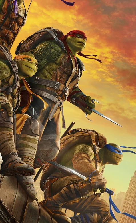 忍者神龟之破影而出海报手机壁纸，4只忍者龟站在屋顶
