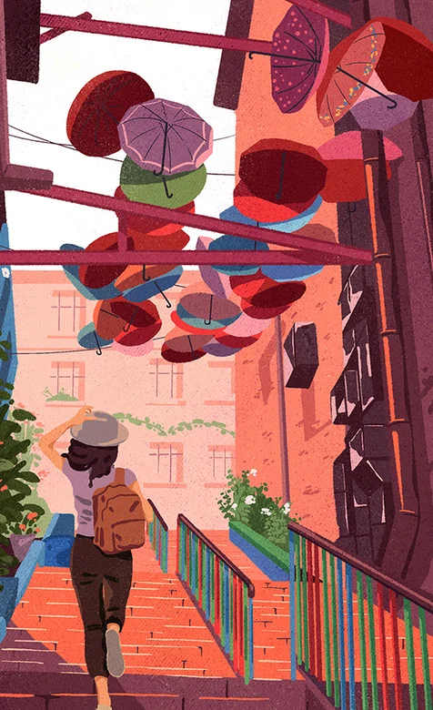 动漫少女走在挂满雨伞的小巷手绘手机壁纸