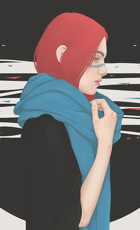 手绘戴围巾的红发少女手机壁纸