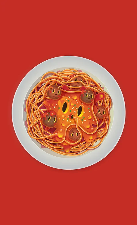 卡通手绘的一盘炒面纯色背景手机壁纸