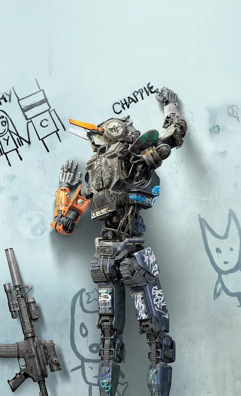 机器人电影“超能查派”机器人主角查派在墙壁写字的手机壁纸