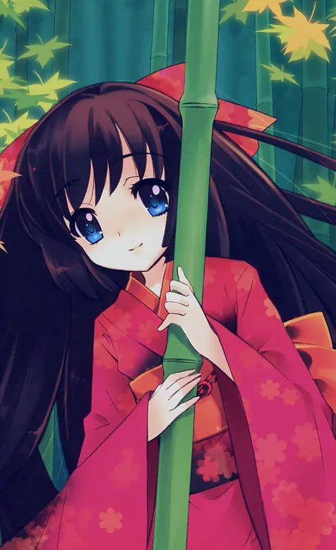 竹林抱着竹子穿红色和服的动漫少女手机壁纸