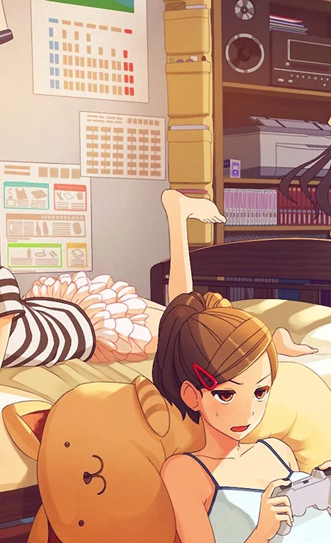 在房间靠着小猫头枕玩游戏的动漫女孩手机壁纸