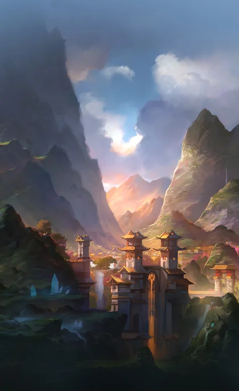 大山下的古代城池动漫场景手机壁纸