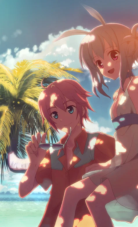 沙滩上的动漫小情侣手机壁纸