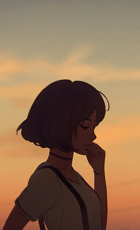 落日余晖，穿吊带裤的短发动漫女孩