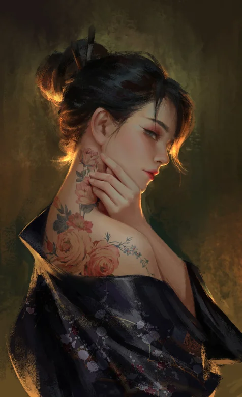 香肩微露，性感的花卉纹身的丸子头动漫美女侧颜手机壁纸