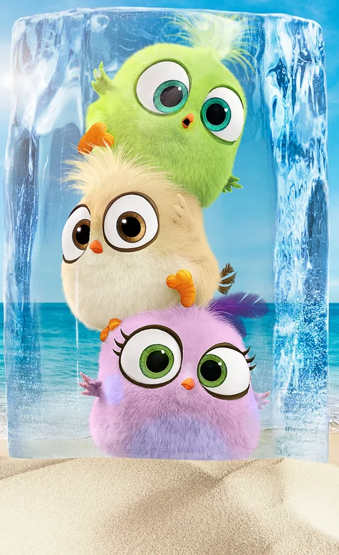 3D动画冰冻了的绿黄粉色大眼小鸟萌手机壁纸