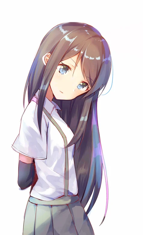 纯白色背景下穿吊带百褶裙的动漫长发二次元少女