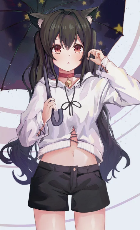 打着雨伞穿露脐装的可爱二次元动漫妹子手机壁纸