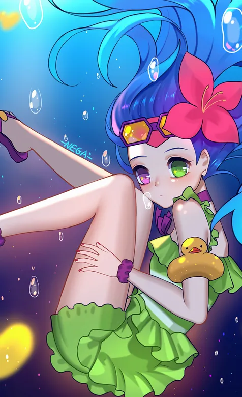 掉入海洋的大眼动漫少女个性插画手机壁纸