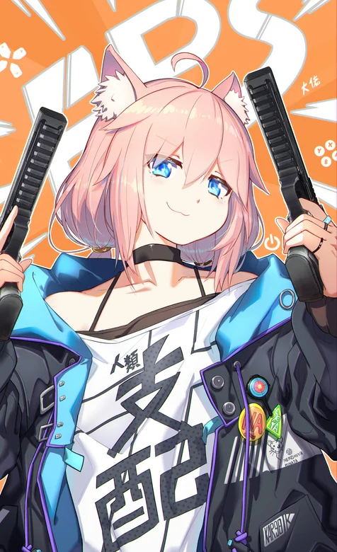 人类支配T恤，手拿双枪的动漫女孩手机壁纸