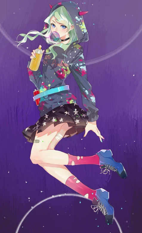 吹泡泡的戴帽衫的二次元动漫少女手机壁纸