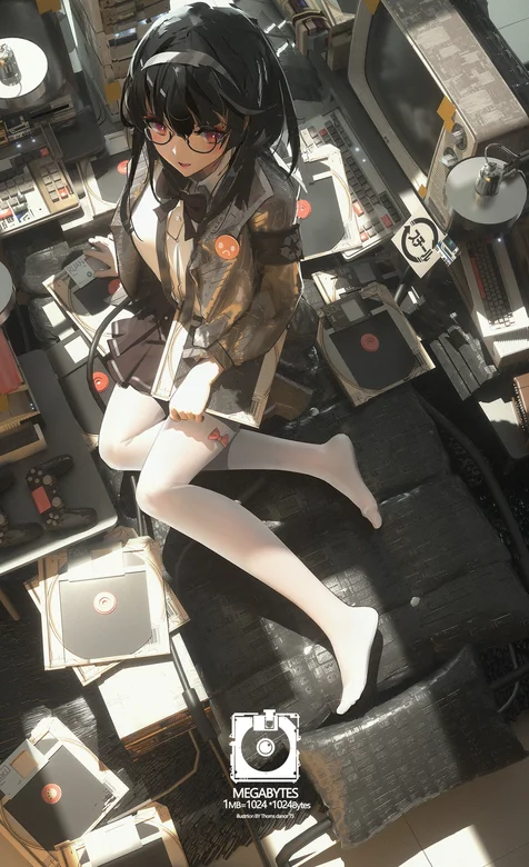 坐在满地磁碟地上的戴眼镜动漫少女