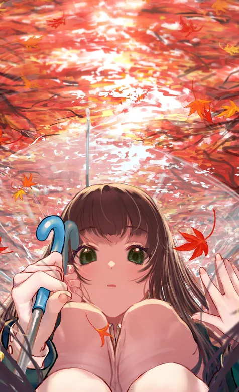 撑伞的动漫少女通过倒影看自己的手机壁纸