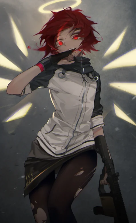 头上自带光环手拿冲锋枪的动漫女孩