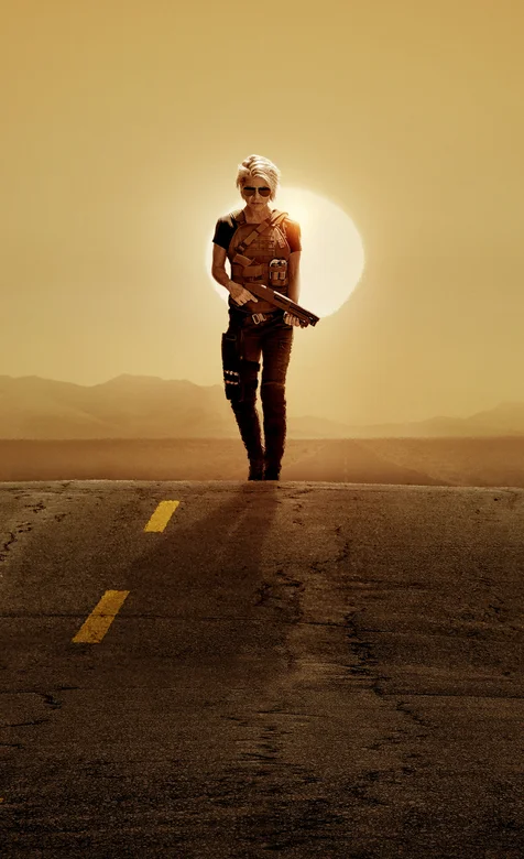 电影终结者海报手机壁纸，女主角手持散弹枪走在公路上