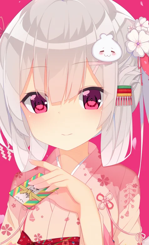 白色短发二次元大眼穿和服的萌妹子动漫手机壁纸