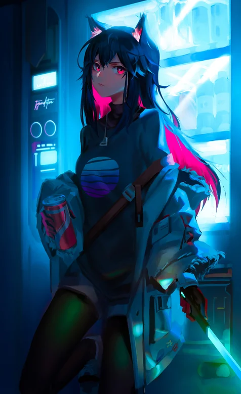 靠在饮料售卖机前喝可乐的动漫妹子高清手机壁纸