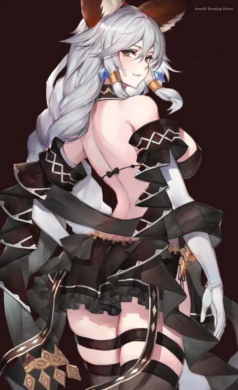 大辫子黑色百褶露背连衣裙动漫美女插画手机壁纸