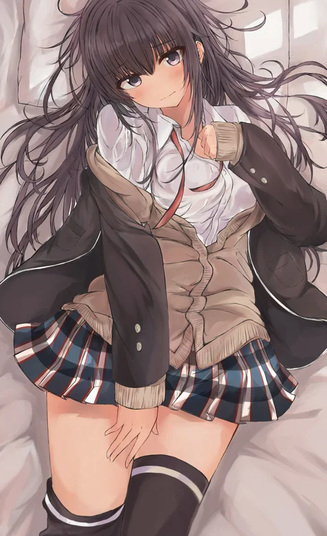 黑色刘海长发穿格子裙校服的动漫美女手机壁纸