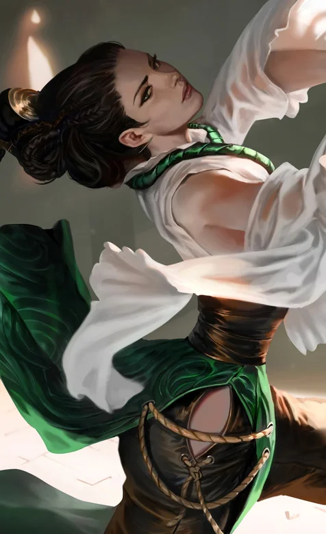 穿绿色飘带裙翩翩起舞的古风美女动漫手机壁纸