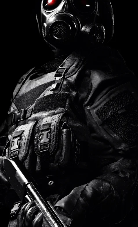 头戴防毒面具，全幅武装手拿散弹枪的游戏人物手机壁纸