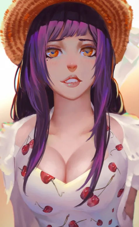 樱桃深VT恤，戴草帽的超级豪乳动漫美女手机壁纸