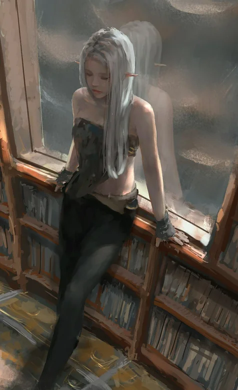 身靠窗台玻璃穿肚兜的白发动漫人物插画手机壁纸