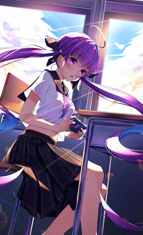 坐在教室窗台角落座椅玩手机的动漫长发美女学生妹