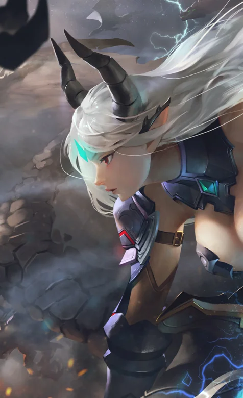 骑龙飞行，头上一对长角的动漫女人物帅气手机壁纸