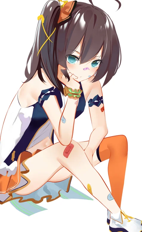 坐着地上，手托腮的动漫少女