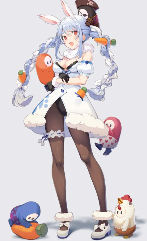 兔耳朵2个大辫子的可爱动漫少女和他的可爱宠物