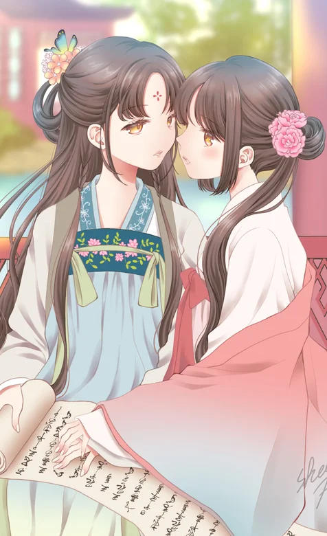 坐在凉亭的动漫古风姐妹花手机壁纸免费下载