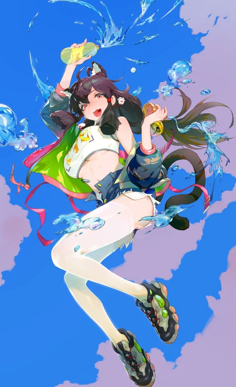 跳起甩水瓶的运动装动漫少女cosplay小猫咪的手机壁纸