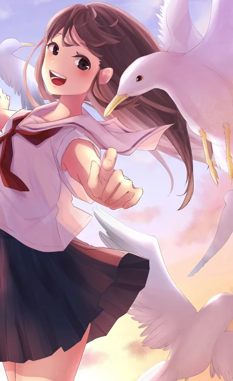 海鸥围绕，开心玩耍的动漫长发学生妹手机壁纸