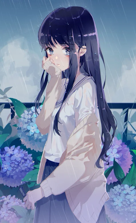 雨中紫色花丛前站着的长发二次元少女