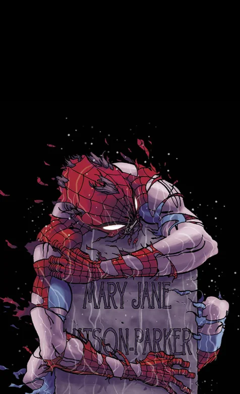 衣服破烂，抱着墓碑的蜘蛛侠