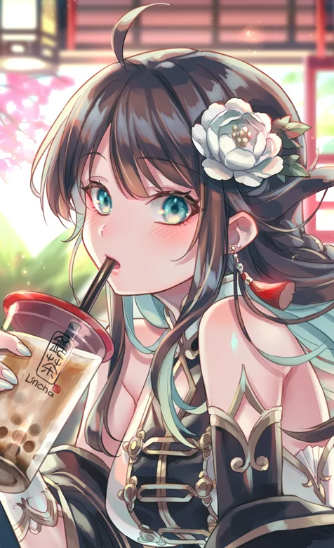 喝珍珠奶茶的动漫古风小姐姐高清手机壁纸