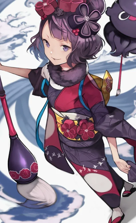 手拿大毛笔在作画的日系和服动漫少女手机壁纸