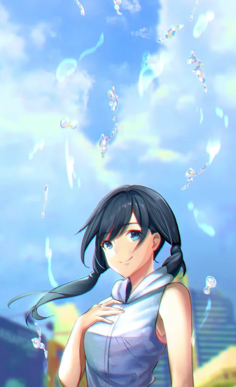 蓝色天空的的动漫女孩，简洁好看的手机壁纸